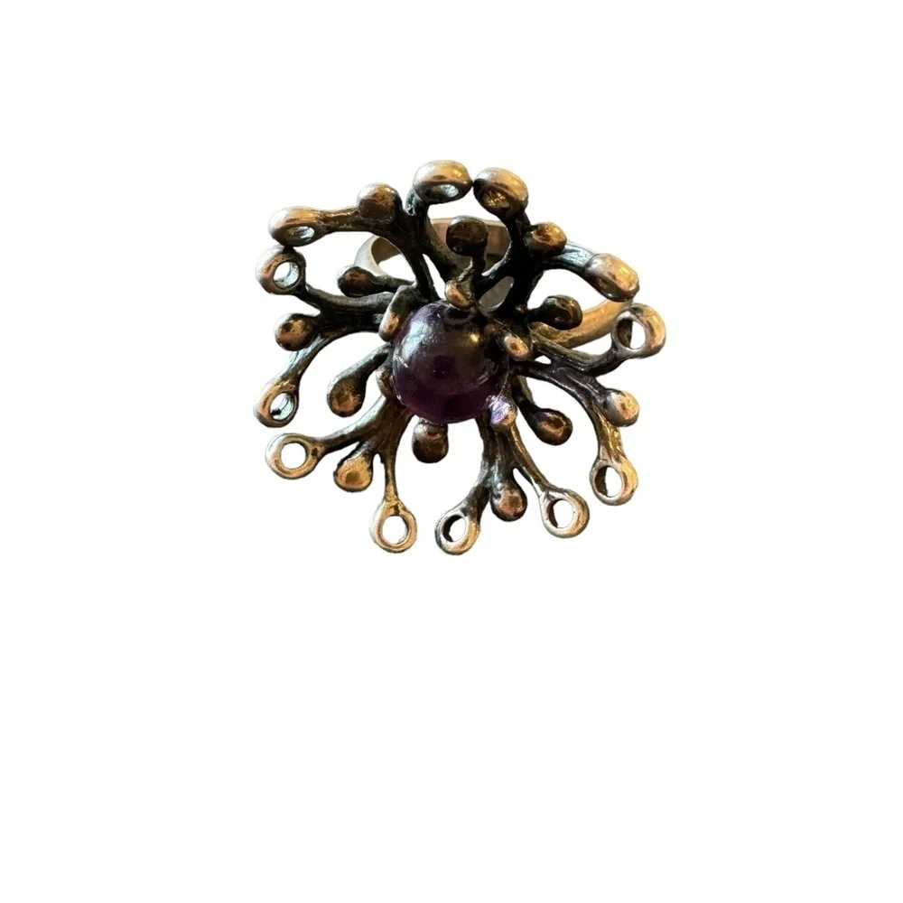 Brutalist Israel Sterling Silver Amethyst Ring Size 7